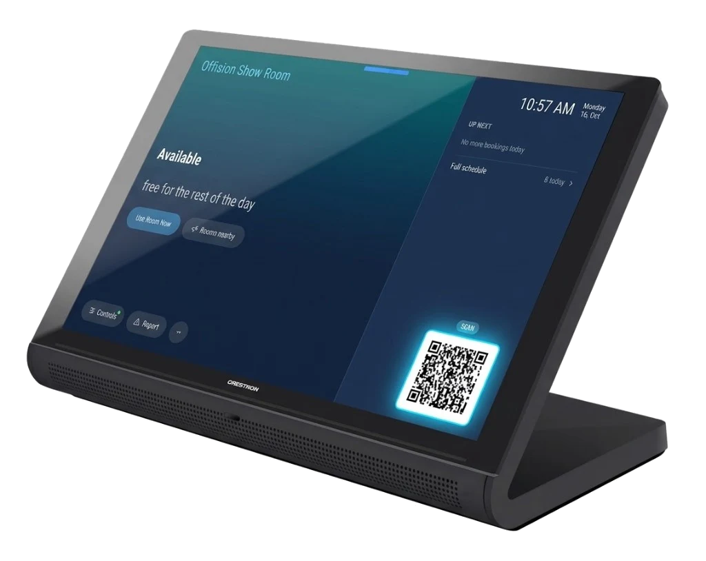 Crestron tabletop touch screen showing an Offision room as available